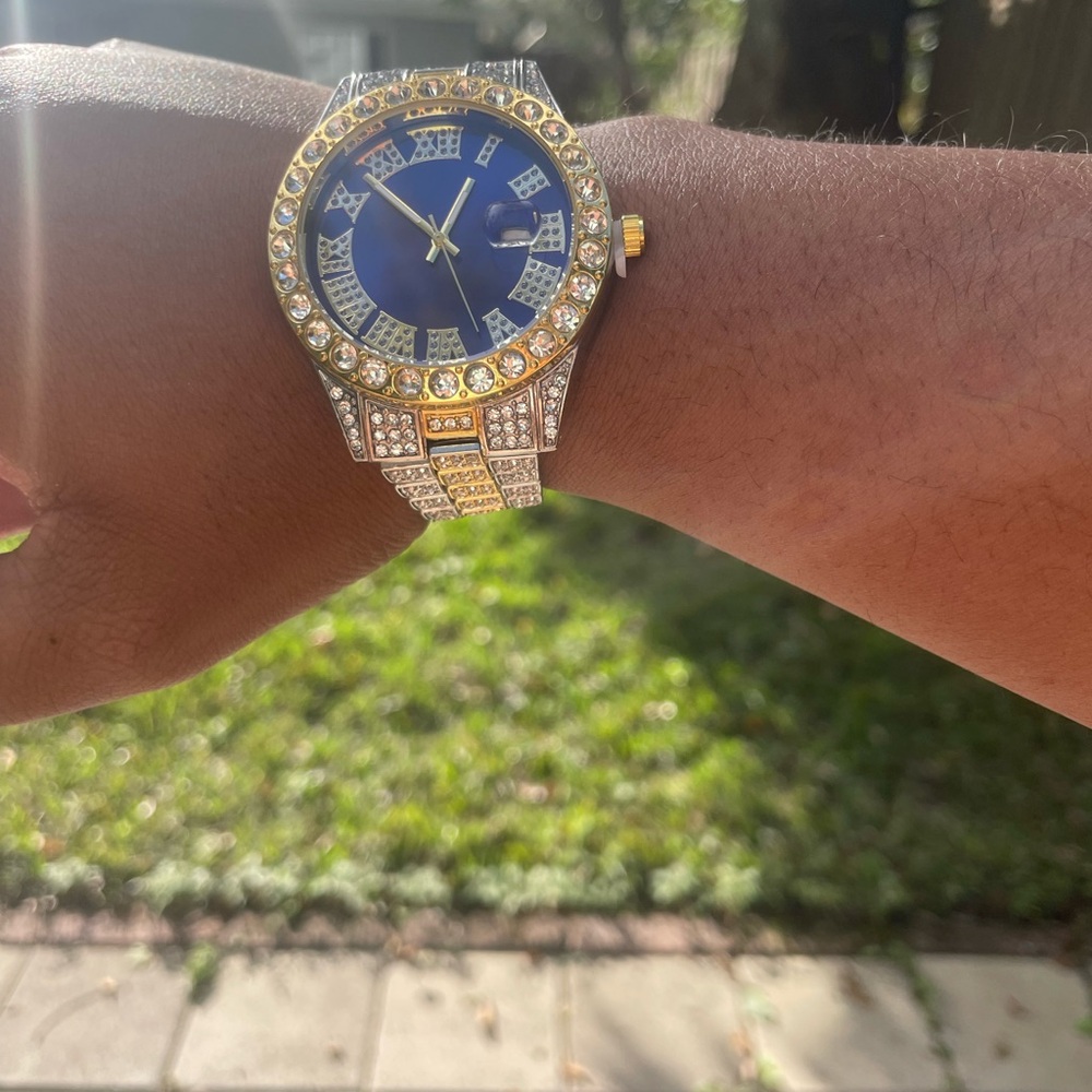 Iced Out Gold & Silver Tone Watch Blue Dial Roman Numerals Diamond Style Band